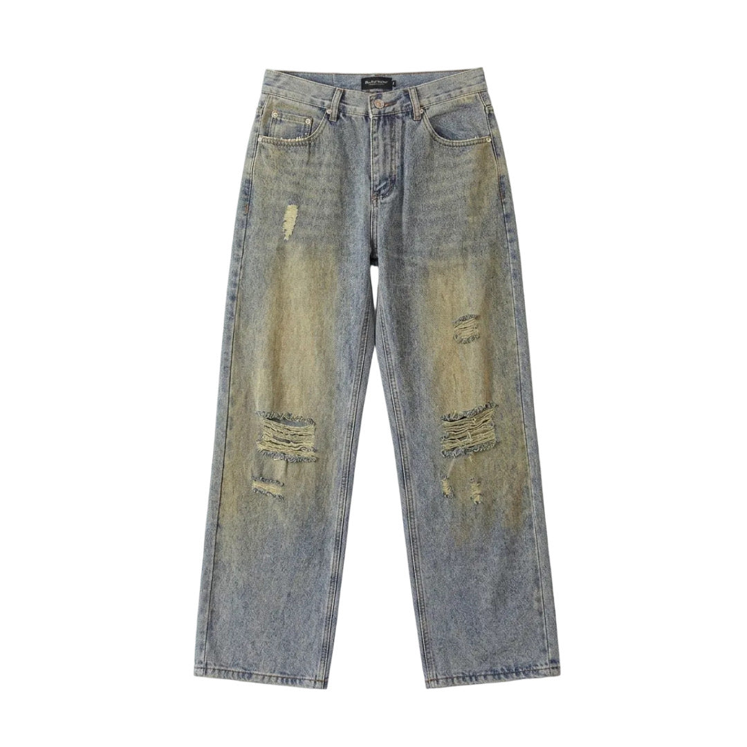DIRTY WASH RIPPED JEANS