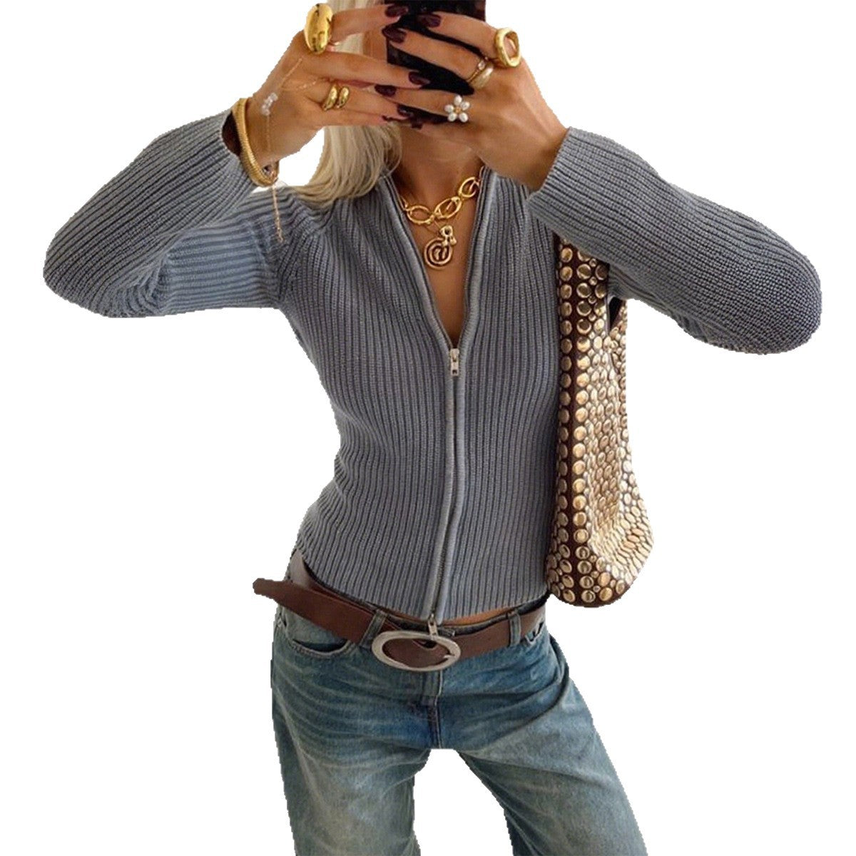 TEXTURED ZIP KNIT SWEATER