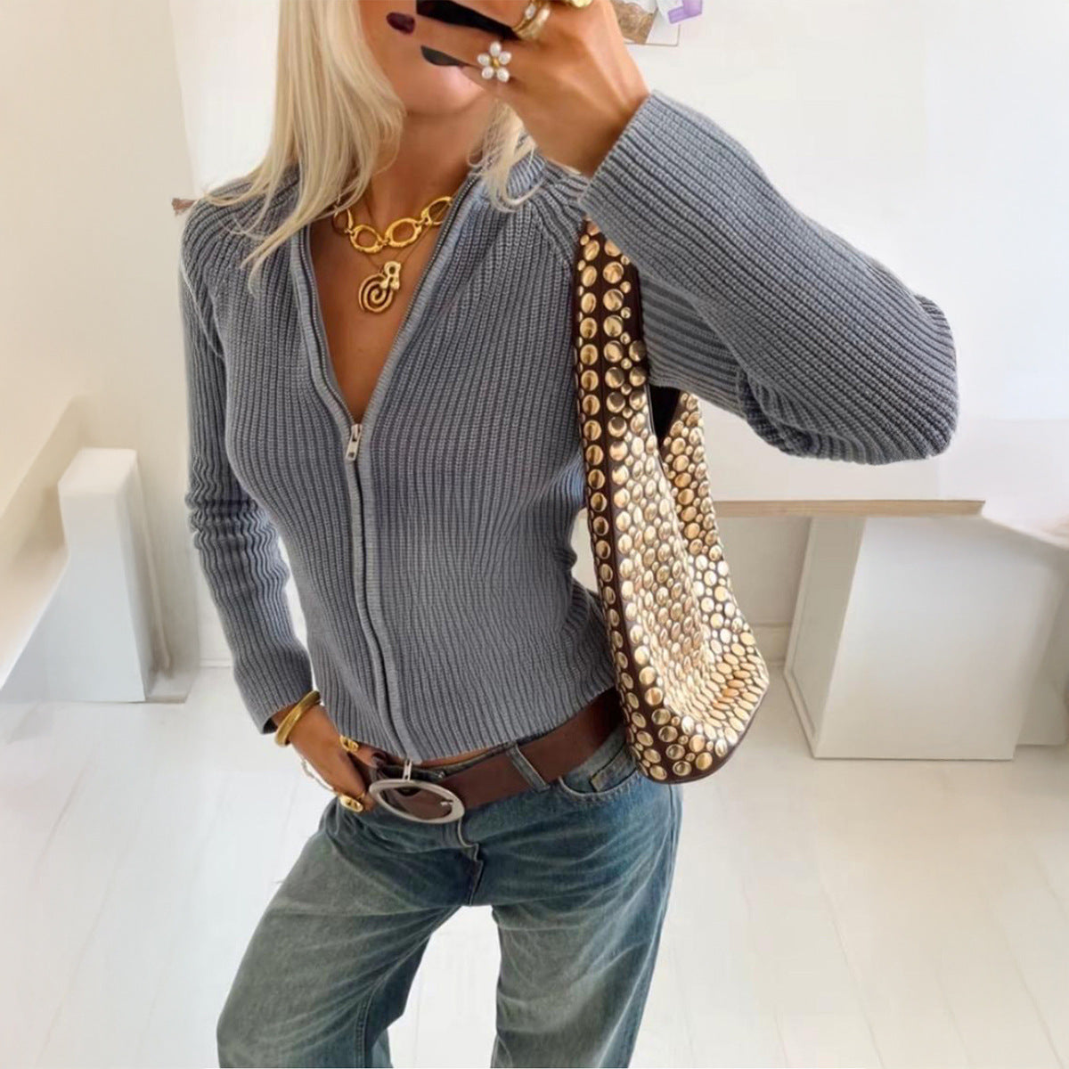 TEXTURED ZIP KNIT SWEATER